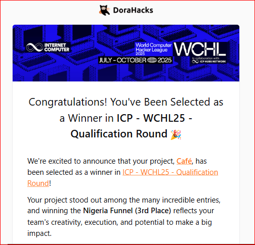 CafeDevHub's tweet photo. 🎉Big News!🥳
Café just secured TOP 3 in the #WCHL25 Qualification Round!🚀
We’re building the future of developer collaboration on @dfinity ICP — faster, smarter, AI-powered.

Thank you @icphub_NG,  @ICPHUBS  for the support! @Web3Nigeria 

Follow our journey 👉🏽 #Cafe #WCHL25 https://t.co/4eSwgF0HkE