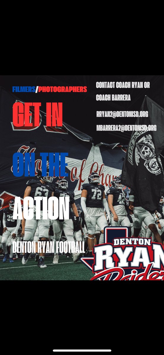 🚨Incoming 9-12th Graders🚨
Denton Ryan Football WANTS YOU! 🫵

Take pictures &amp; videos during practice and games. Create images and help film as well as assist coaches during practice.

Earn a letterman, get the football block &amp; MORE! 🏈

#FIGHT | #HomeofChampions