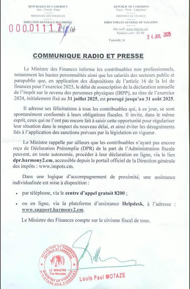 TheCameroonianZ's tweet photo. Le délai de souscription de la déclaration annuelle de l’Impôt sur le Revenu des Personnes Physiques #IRPP au titre de l’exercice 2024 initialement fixé au 31 juillet 2025, est prorogé jusqu’au 31 août 2025.

#Cameroon https://t.co/cPCsocyBvT