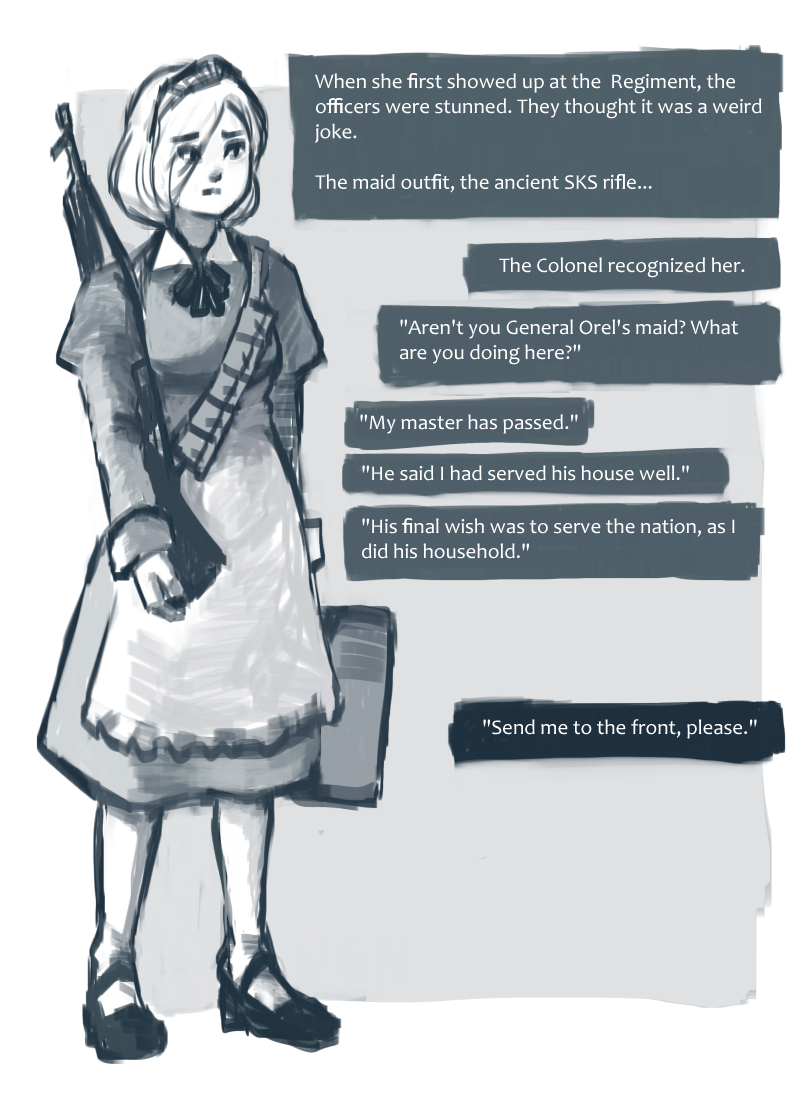 stas5366's tweet image. [OC] Short Slice of Life Story about a COMBAT MAID. "I asked my Colonel for reinforcements, and he sent me a maid?" [1/9]