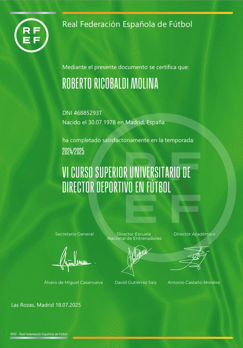 Enormemente orgulloso de superar otra formación más! El Título Superior Universitario de Director Deportivo en Fútbol, realizado por la <a href="/rfef/">RFEF</a> en Las Rozas, con la realización y presentación del proyecto de fin de Curso junto a Virginia Torrecilla y Letti Sevilla! Gracias! ❤️⚽️
