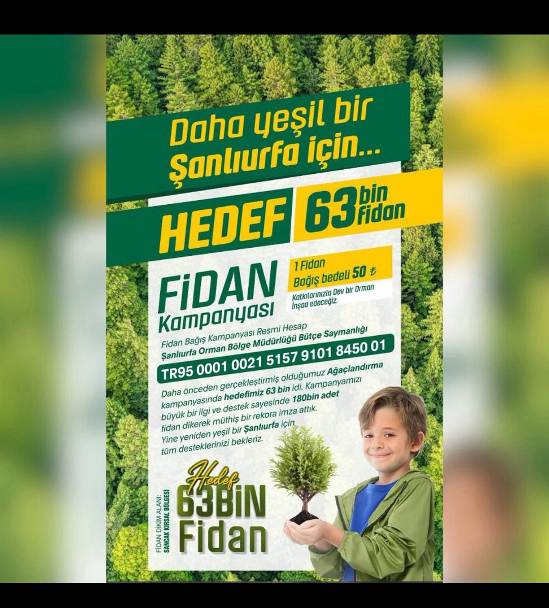 “Müslüman bir kişi bir ağaç diker de ondan insan, hayvan veya kuş yerse, bu yenen şey kıyamet gününe kadar o Müslüman için sadaka olur.” (Müslim)
Fidan dikim kampanyasını çok anlamlı buluyor amacına ulaşmasını diliyorum. 
<a href="/OGMgovtr/">Orman Genel Müdürlüğü</a> 
<a href="/sanliurfaobm/">Şanlıurfa Orman Bölge Müdürlüğü</a>