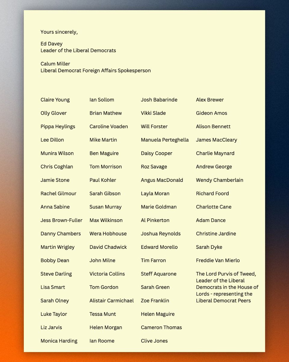 NEW: <a href="/EdwardJDavey/">Ed Davey</a>, all Lib Dem MPs and Lord Purvis have written to Keir Starmer to ask that he:
- immediately recognise a state of Palestine
- pressure Israel to fully reopen aid routes into Gaza 
- push to secure the release of all remaining hostages.