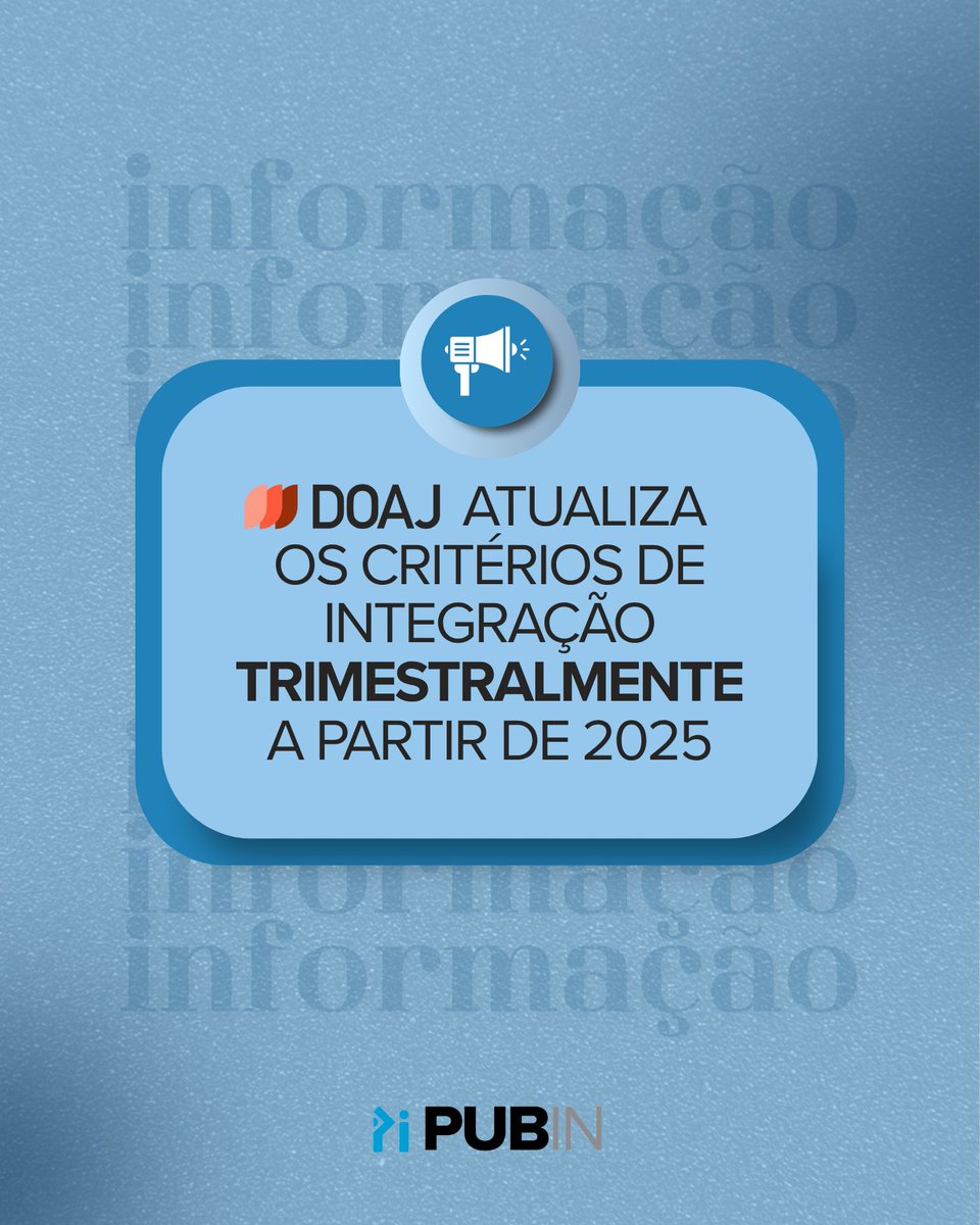 PUBINPT's tweet photo. 📣 @DOAJplus  𝗮𝘁𝘂𝗮𝗹𝗶𝘇𝗮𝗿𝗮́ 𝗼𝘀 𝗰𝗿𝗶𝘁𝗲́𝗿𝗶𝗼𝘀 𝗱𝗲 𝗶𝗻𝘁𝗲𝗴𝗿𝗮𝗰̧𝗮̃𝗼 𝘁𝗿𝗶𝗺𝗲𝘀𝘁𝗿𝗮𝗹𝗺𝗲𝗻𝘁𝗲 𝗮 𝗽𝗮𝗿𝘁𝗶𝗿 𝗱𝗲 𝟮𝟬𝟮𝟱

🔗 Sabe mais em https://t.co/QjtB2NameE

#doaj #critérios #indexing #revistascientificas #indexação https://t.co/I9jd1DkGgW