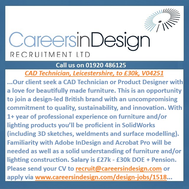 AndyTallentire's tweet image. A  #Leicestershire based design-led British brand with an uncompromising commitment to quality, sustainability, and innovation seek a CAD Technician. careersindesign.com/design-jobs/15… #designjobs #caddesigner #cadtechnician #furniture #lighting #solidworks #indesign #adobe #jobs