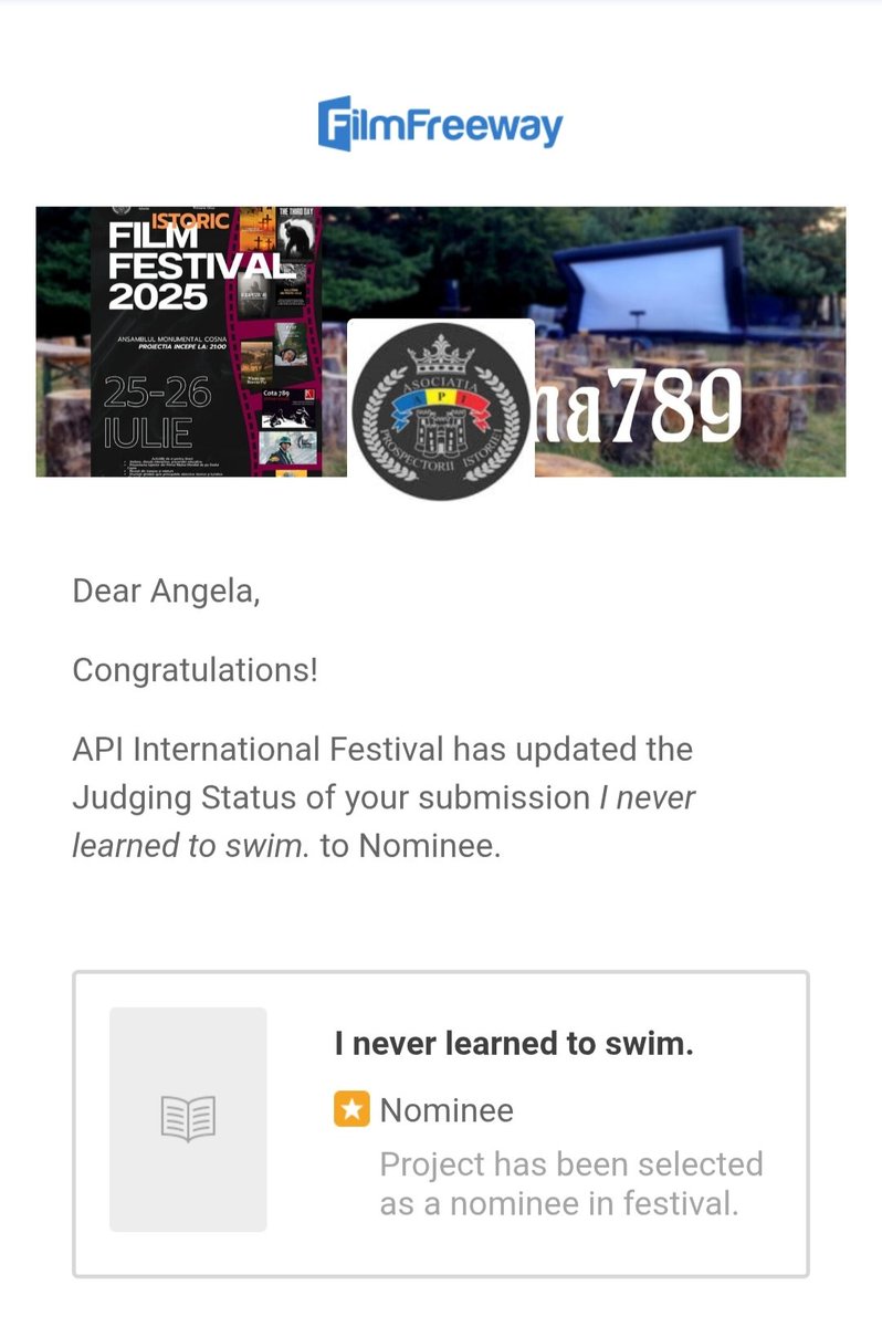 Angela_Doval's tweet image. 📝✨ Thrilled to share that my short film scripts “MAR” and “I Never Learned to Swim” have been nominated at the API International Film Festival (Romania)!
#ShortScript #Screenwriting #Nominee #APIFestival #MAR #INeverLearnedToSwim #Storytelling #WomenInFilm