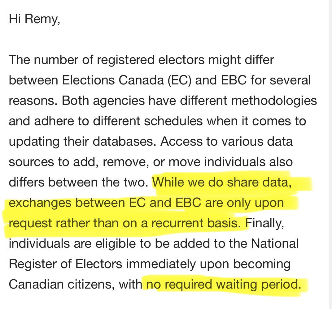 *** Registration Reply EC vs EBC ***

Elections Canada vs Elections BC

This is digging into why EC has over 165,000 Registered voters at the time of BC Election. Now over 205,000 since the 2025 Federal Election &amp; Registry.

Elections Canada updated their registry weeks after the