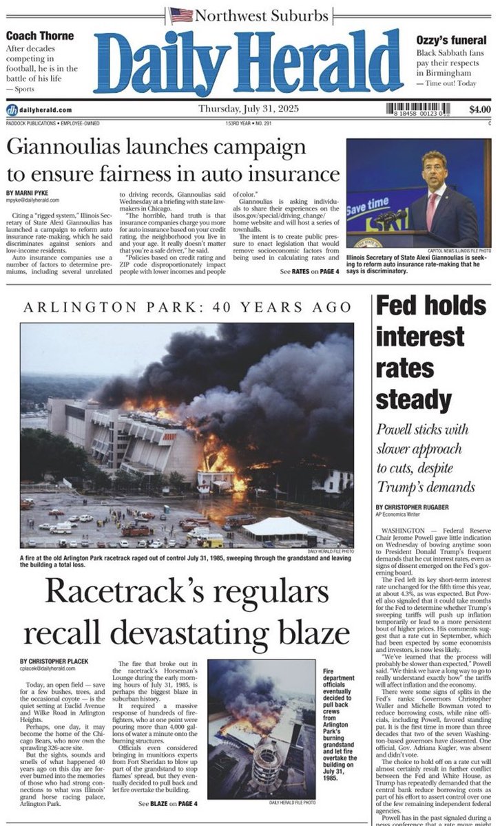 Chris Placek (@chrisplacek) on Twitter photo Front page of today’s <a href="/dailyherald/">Daily Herald</a> … remembering the big Arlington Park fire that happened 40 years ago today.
dailyherald.com/20250730/news/… Front page of today’s <a href="/dailyherald/">Daily Herald</a> … remembering the big Arlington Park fire that happened 40 years ago today.
dailyherald.com/20250730/news/…