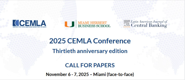 CEMLA (@cemla) on Twitter photo Deadline Approaching. The 2025 CEMLA conference will be held on November 6-7, 2025, in Miami. Submission deadline: August 8, 2025, to conference@cemla.org. See the full call for papers: cemla.org/actividades/20… Deadline Approaching. The 2025 CEMLA conference will be held on November 6-7, 2025, in Miami. Submission deadline: August 8, 2025, to conference@cemla.org. See the full call for papers: cemla.org/actividades/20…