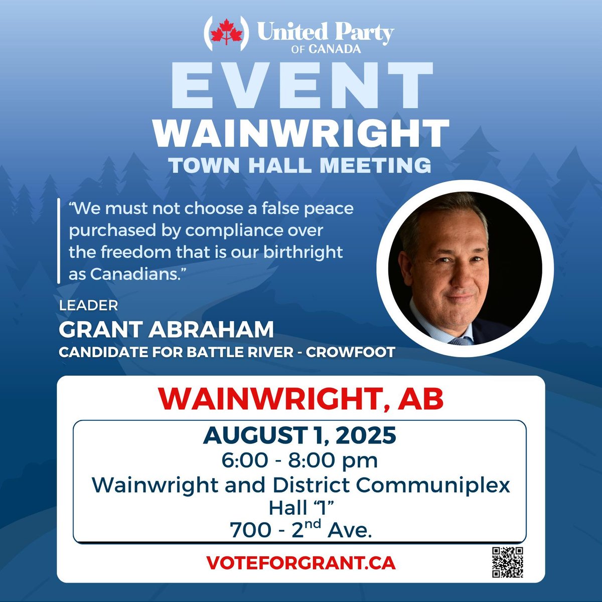 ReforgeParty's tweet photo. Join Grant Abraham in Wainwright, AB tomorrow evening for a Townhall Meeting. Bring your questions! #battlerivercrowfoot #byelection #UnitedPartyofCanada #grantabraham #VoteUP #VoteGrant #alberta #albertasovereignty #independentalberta #albertaindependence #canpoli #abpoli https://t.co/14lLzG5poE