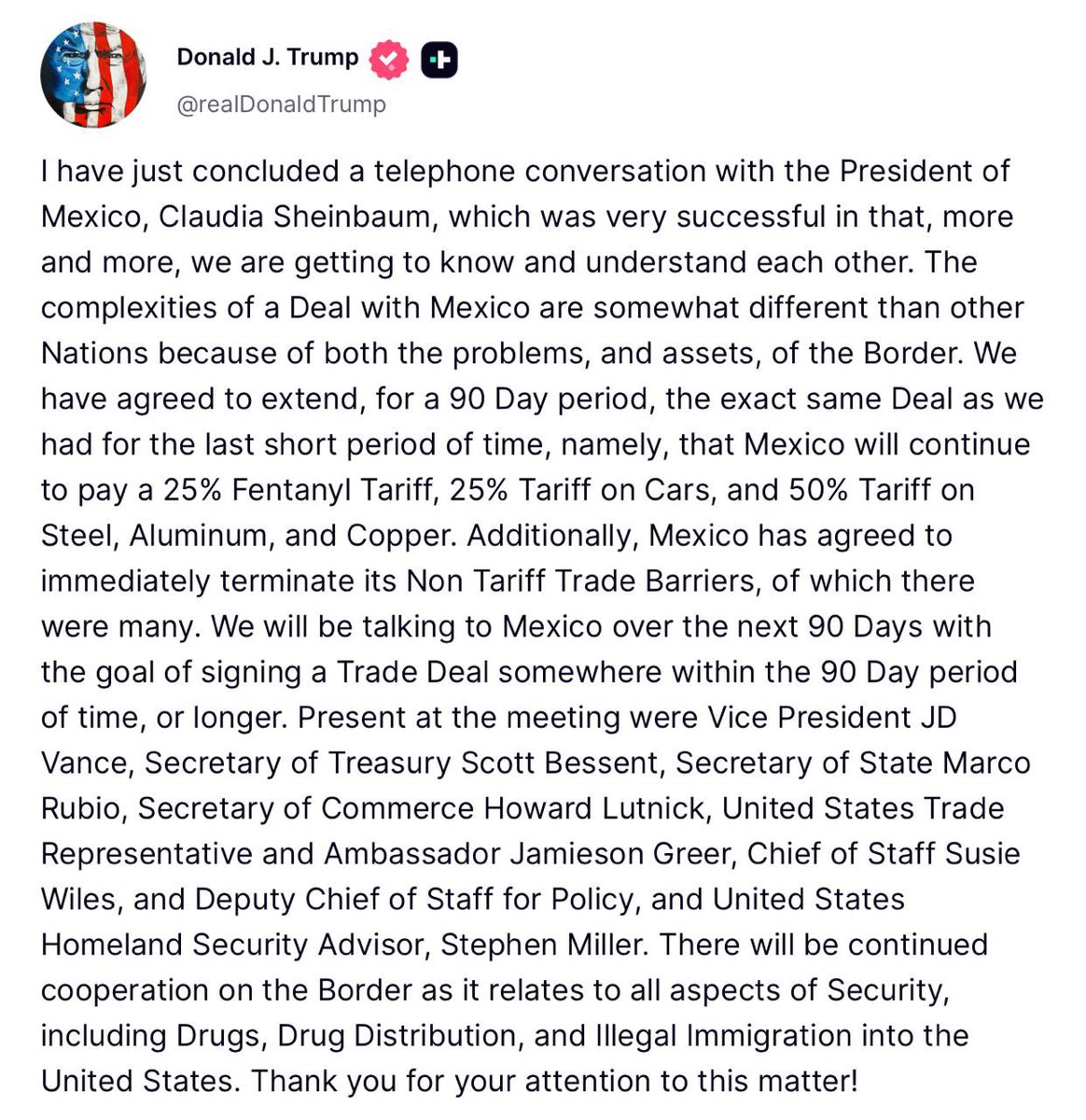 Embajador de EE.UU. en México (@usambmex) on Twitter photo La relación 🇺🇸🇲🇽es verdaderamente única. Las continuas conversaciones entre <a href="/POTUS/">President Donald J. Trump</a> <a href="/realDonaldTrump/">Donald J. Trump</a> y la presidenta <a href="/Claudiashein/">Claudia Sheinbaum Pardo</a> reflejan un vínculo especial que nos permite enfrentar retos comunes y aprovechar nuevas oportunidades para ambas naciones. La relación 🇺🇸🇲🇽es verdaderamente única. Las continuas conversaciones entre <a href="/POTUS/">President Donald J. Trump</a> <a href="/realDonaldTrump/">Donald J. Trump</a> y la presidenta <a href="/Claudiashein/">Claudia Sheinbaum Pardo</a> reflejan un vínculo especial que nos permite enfrentar retos comunes y aprovechar nuevas oportunidades para ambas naciones.