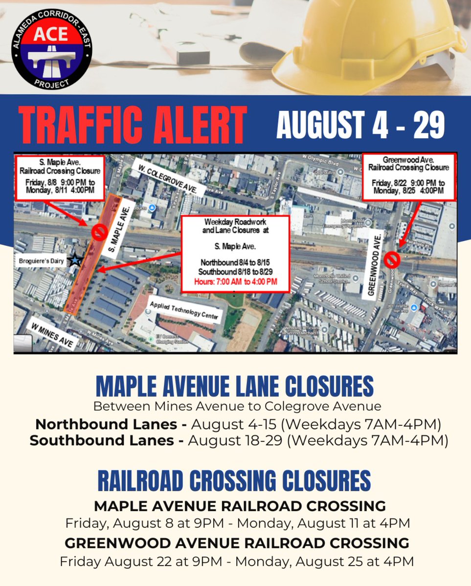 TRAFFIC ALERT: Maple Avenue will have alternating northbound and southbound lane closures beginning August 4, and the railroad crossings at Maple Avenue and Greenwood Avenue will close on separate weekends. Please plan ahead and follow detour signs! <a href="/MontebelloCity/">City of Montebello</a>