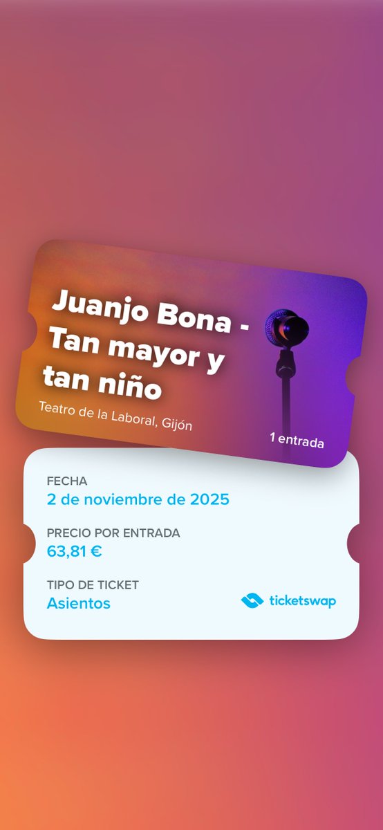 Vendemos una entrada en fila 4 para el conci de Gijón porque se nos ha caído una persona. Mismo precio de compra ☺️
ticketswap.com/listing/juanjo…