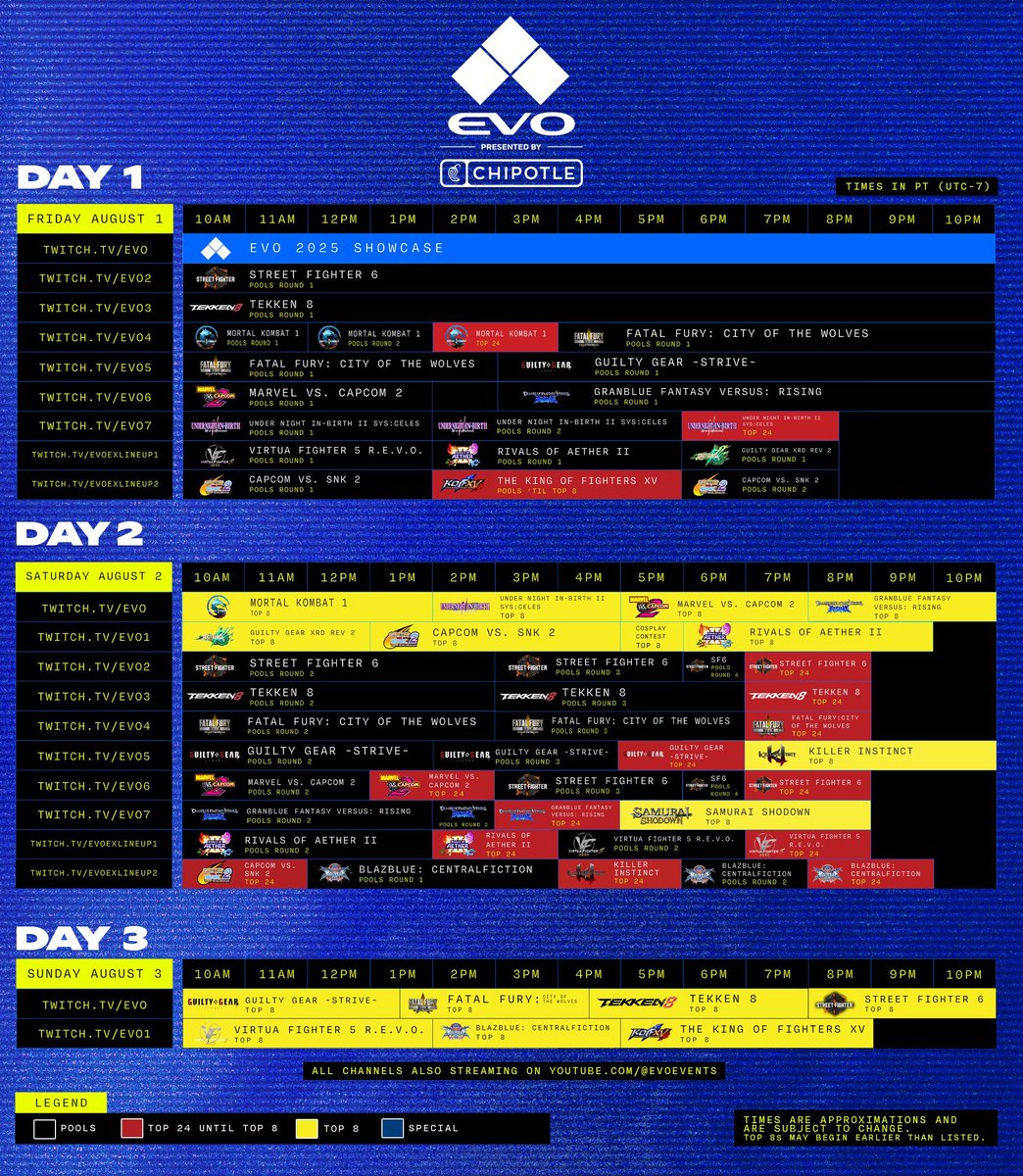 🔥 EVO 2025 News incoming! 💠 Official stream schedule, special Capcom vs. SNK illustration by Shinkiro, Tekken 8 Armor King trailer confirmed for Sunday: ➡️ tinyurl.com/554h24ps
 
#evo2025 #streetfighter #tekken #fgc