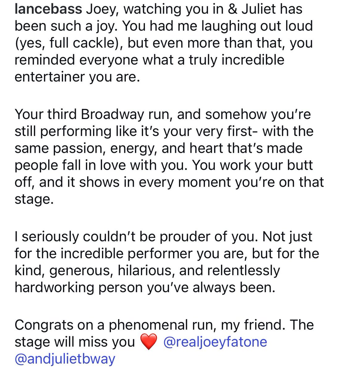 fatonethinker's tweet image. Lance has posted in honor of Joey’s closing night in &amp;amp; Juliet 🥹