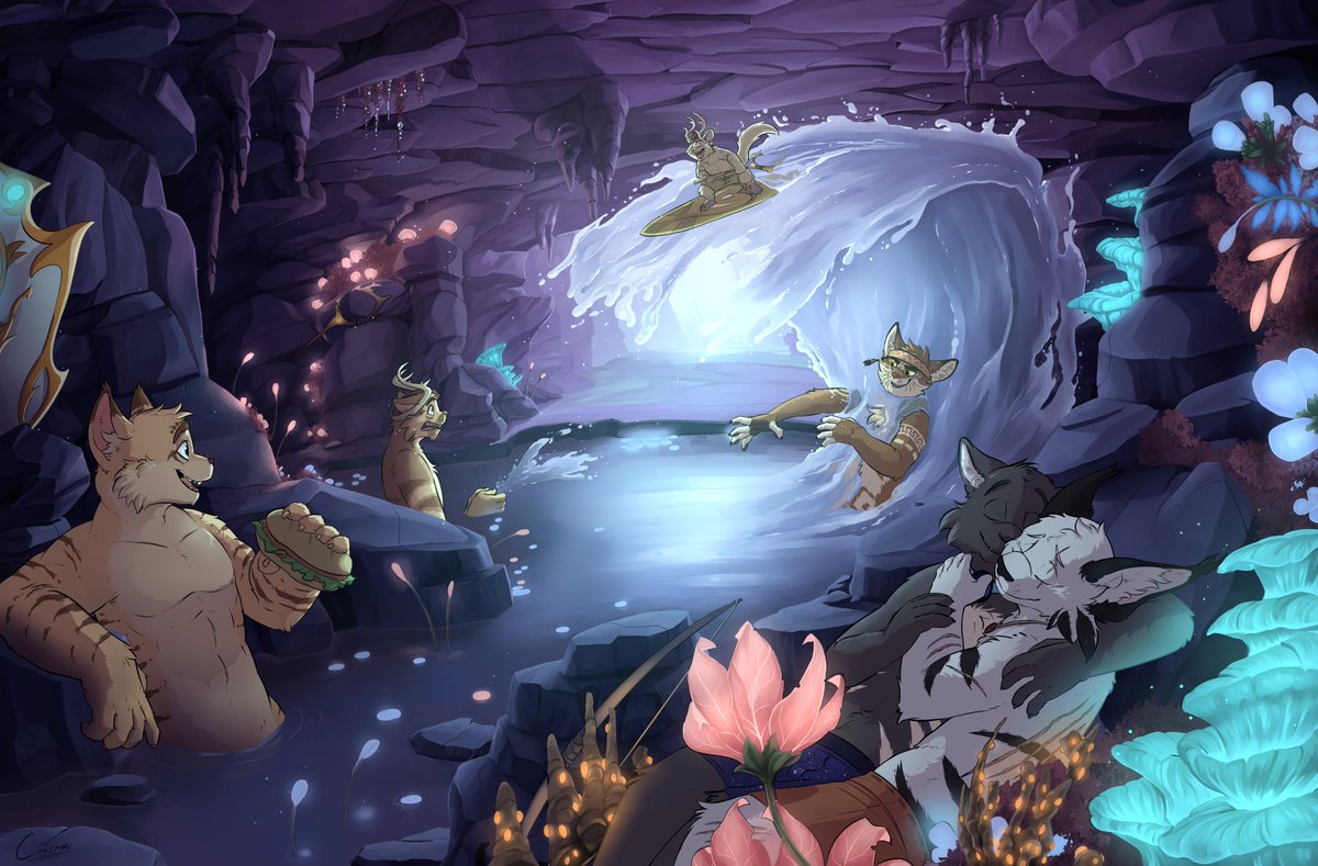 A background commission for <a href="/Denni04471782/">Denni</a>   about his characters having a chill time in a grotto.
(and one of them tryharding during a water battle xD)

Hope you like it !