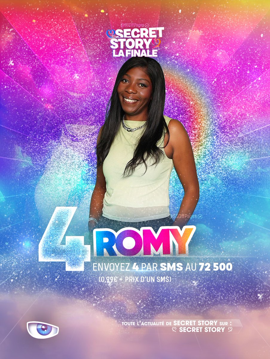 SSOffPages's tweet image. C’est à vous de voter pour soutenir #Romy ! 👁️⁣⁣

👉 Pour Romy, envoyez 4⃣

Envoyer le 4 par SMS au 72 500 (0,99 € + Prix d’un SMS)
𝗠𝗼𝗱𝗮𝗹𝗶𝘁𝗲́𝘀 𝗲𝘁 𝘁𝗲𝗿𝗿𝗶𝘁𝗼𝗶𝗿𝗲𝘀 𝗱𝘂 𝘃𝗼𝘁𝗲 𝘀𝘂𝗿 𝗧𝗙𝟭+

#SecretStory #SecretStoryLeLive #SS13