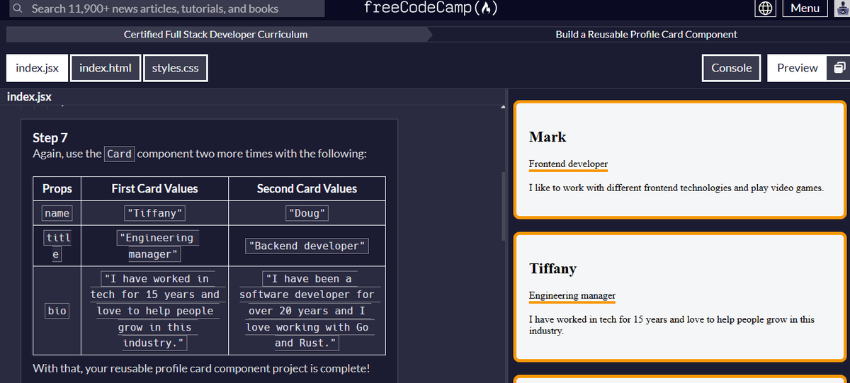 _leta09's tweet photo. I'm excited to share that I’ve successfully completed the FreeCodeCamp react challenge “Build a Reusable Profile Card Component”! 🚀

#ReactJS #FreeCodeCamp #FrontendDev #WebDev #JavaScript #CodingChallenge #ReusableComponents #DevCommunity #SoftwareEngineering #TechJourney https://t.co/QfxoLccd7z