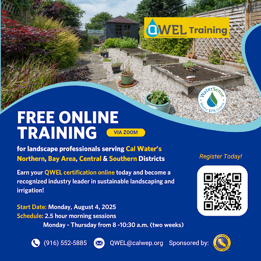 Heads up, landscapers! There’s a FREE online training coming for landscape professionals serving Cal Water’s Northern, Bay Area, Central, and Southern Districts. Earn your Qualified Water Efficient Landscaper certification online ✅ and become a recognized industry leader in