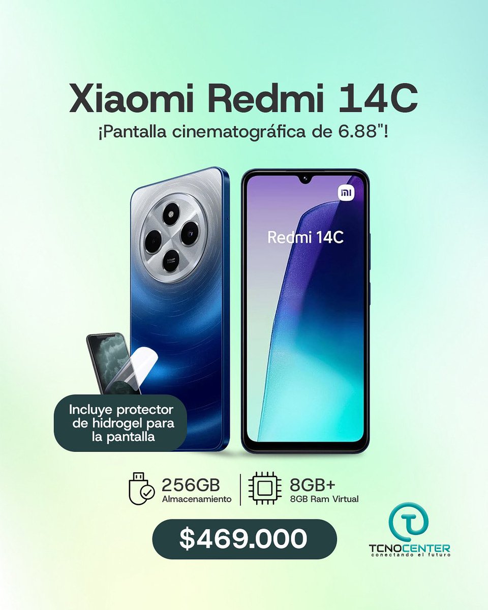 TcnocenterC's tweet image. 📱 Xiaomi Redmi 14C
Pantalla cinematográfica de 6.88″ 🎬
💾 256 GB + 8 GB RAM virtual
🛡️ ¡Incluye protector de hidrogel!
🔥 $469.000
📲 Disponible en #tcnocenter
¡Escríbenos y llévatelo hoy!