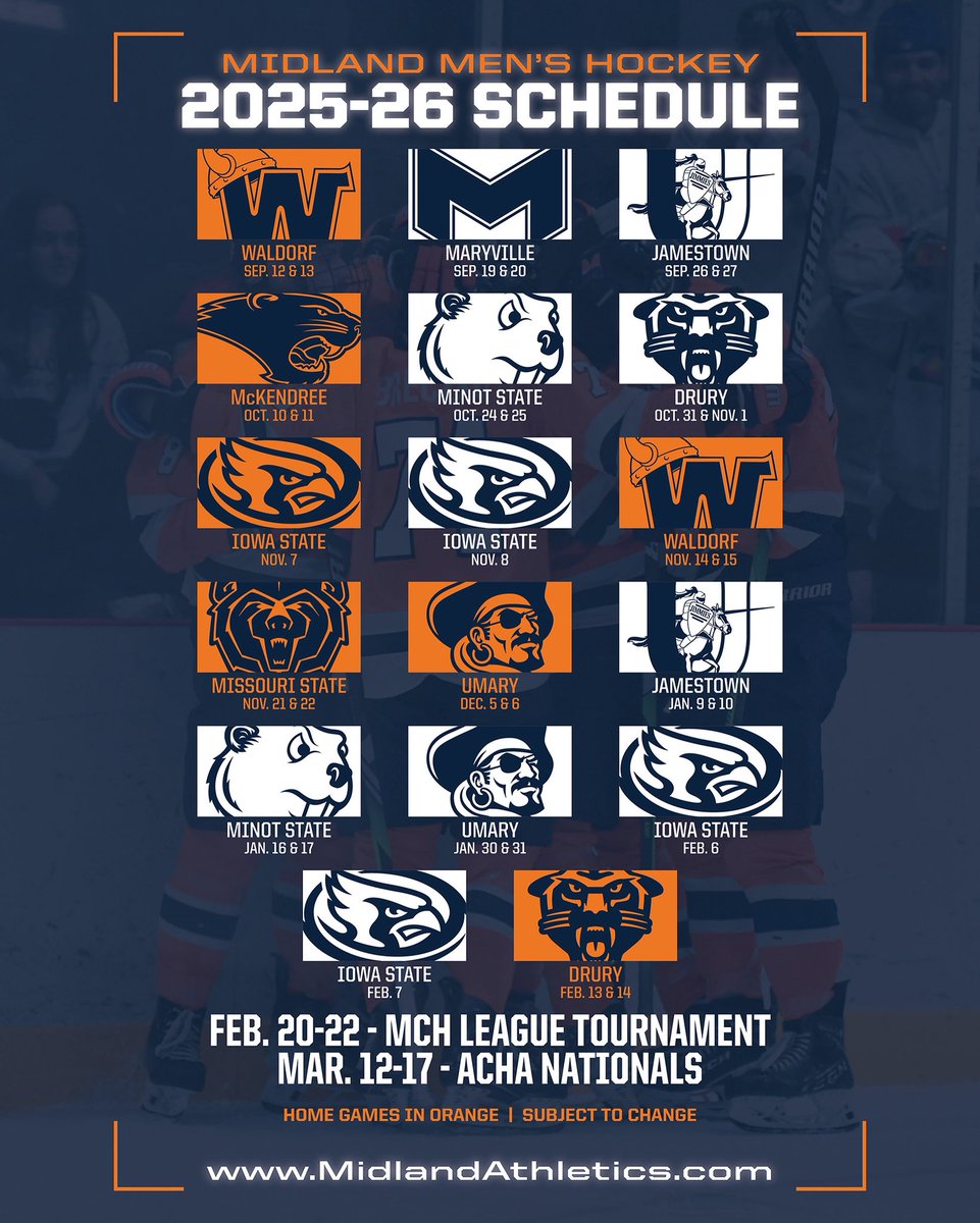Midland Warriors (@midland_sports) on Twitter photo Puck drop will be here before we know it for <a href="/Midland_Hockey/">Midland Men's Hockey</a>. Check out the 2025-26 Midland Men’s Hockey Schedule. #WarriorPride Puck drop will be here before we know it for <a href="/Midland_Hockey/">Midland Men's Hockey</a>. Check out the 2025-26 Midland Men’s Hockey Schedule. #WarriorPride