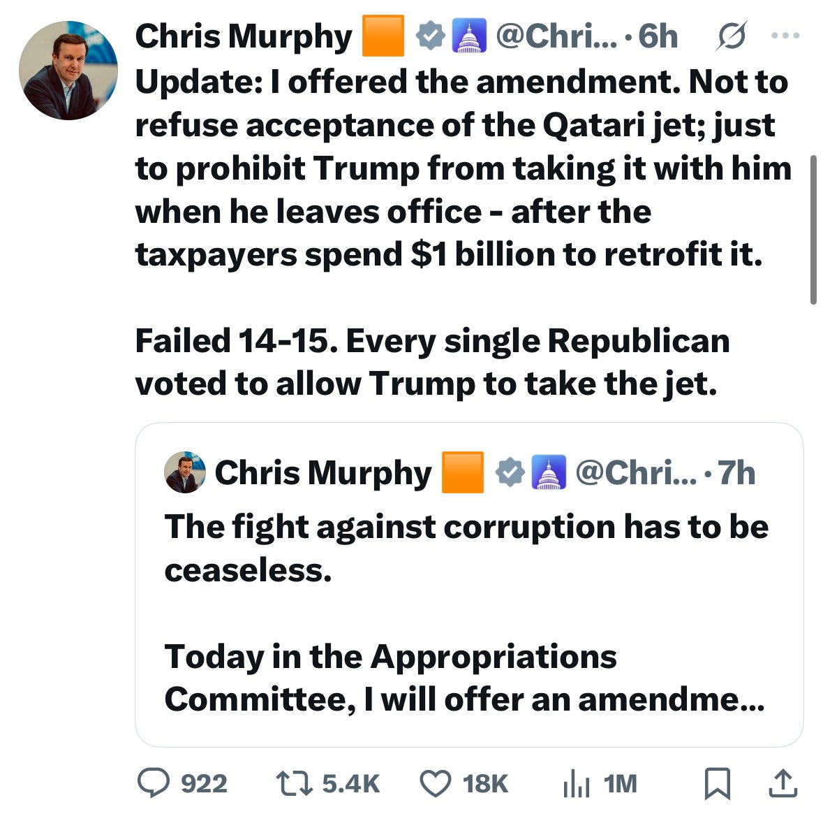 Every Republican voted to allow Trump to take the Qatari jet with him after he leaves office after American taxpayers spend $1 billion to retrofit it as Air Force One. 

They just voted to let Trump KEEP a bribe that costs the equivalent of 2500 years of Presidential salary.