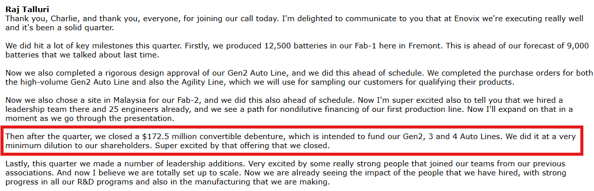 I remember when $ENVX raised a $172.5 million convert in Q1 2023 and said that was intended to fund lines 2-4. They since raised $100 million in Nov 2024. Now they claim they need $250 million more for lines 2-4. Fool me once... 

Q1 2023 earnings call (4/26/23)