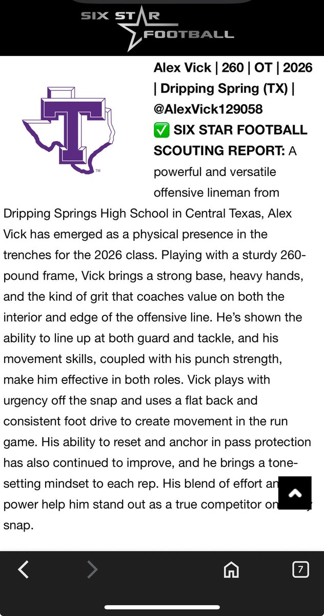 Alex Vick (@alexvick129058) on Twitter photo Thank you <a href="/sixstarfootball/">Six Star Football | PLUS+</a> for the write up! I’m very honored to be recognized within such a talented group of OL’s. Couldn’t have done it without the amazing coaches at <a href="/DripFB/">Dripping Springs HS Football</a>
<a href="/CoachGZimmerman/">Galen Zimmerman</a> <a href="/A_Pena4/">Al Pena</a> <a href="/ben_reid31/">Ben_Reid</a> <a href="/CoachT_Marshall/">Trevor Marshall</a> Thank you <a href="/sixstarfootball/">Six Star Football | PLUS+</a> for the write up! I’m very honored to be recognized within such a talented group of OL’s. Couldn’t have done it without the amazing coaches at <a href="/DripFB/">Dripping Springs HS Football</a>
<a href="/CoachGZimmerman/">Galen Zimmerman</a> <a href="/A_Pena4/">Al Pena</a> <a href="/ben_reid31/">Ben_Reid</a> <a href="/CoachT_Marshall/">Trevor Marshall</a>