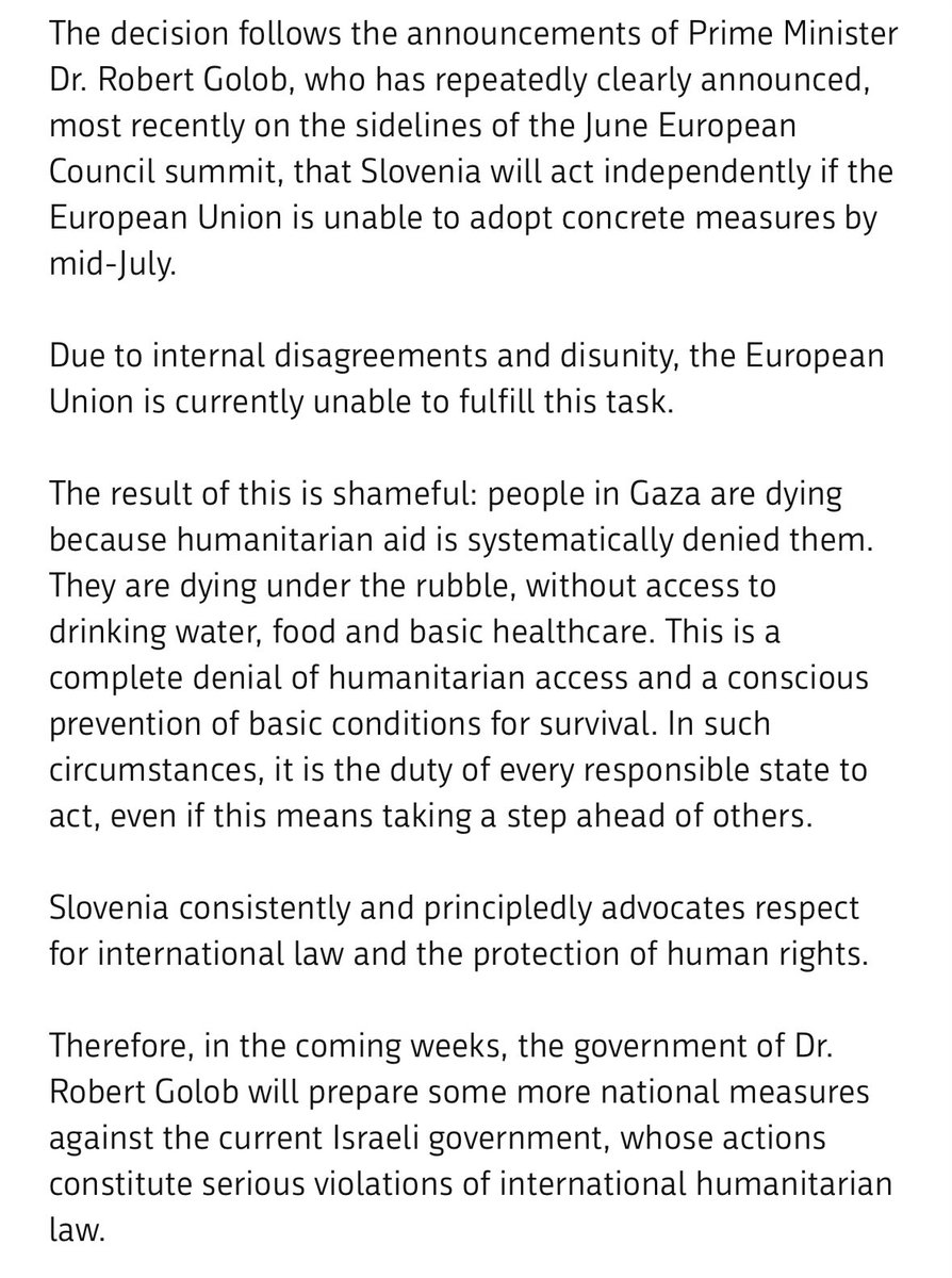 "the government today confirmed a decision prohibiting the export and transit of military weapons and equipment from or through the Republic of Slovenia to Israel, or imports from Israel to the Republic of Slovenia"