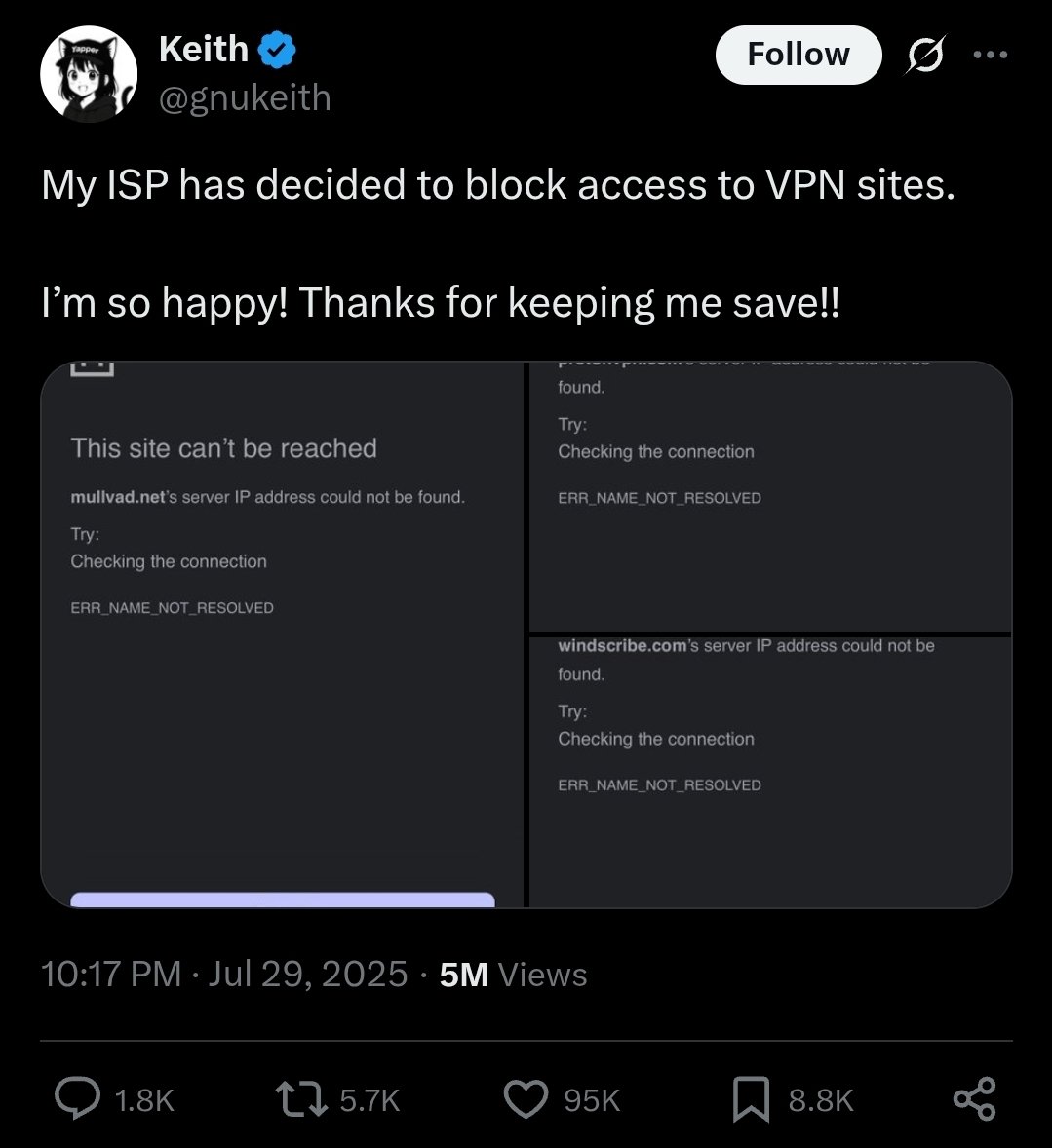 ChibiReviews's tweet image. IMPORTANT CENSORSHIP NEWS:

Users are starting to report ISPs are blocking access to VPN sites with a "DNS Block". This individual in the picture confirms they don't live in the UK

Once again more proof this is a worldwide issue and not just the UK.