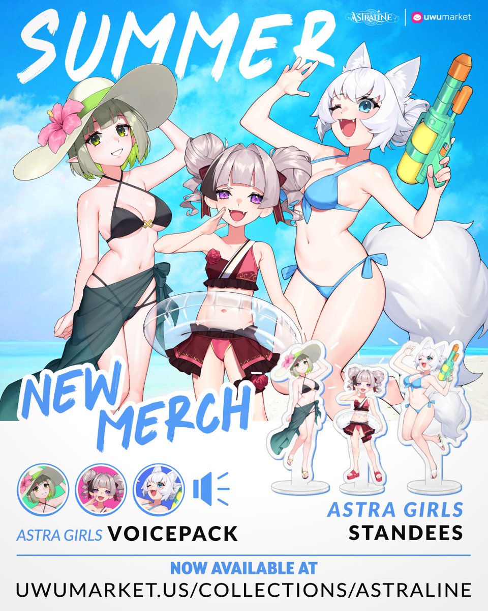 astralinetv's tweet photo. ☀️We are thoroughly in the summer heat and you know what that means..... Swimsuits!!!☀️
We are happy to announce our summer themed standees and voice packs featuring each of the Astraladies
Available NOW at https://t.co/xjyoVyXrqy https://t.co/dWriyzlDpt
