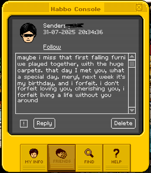 MerylHabbo's tweet photo. It's so incredibly difficult being a beautiful and glamorous lesbian woman on #HabboHotelOrigins. I am harassed daily by men like this. #Stalkers #OneSidedRelationships #Help https://t.co/EA2KUOrBQA
