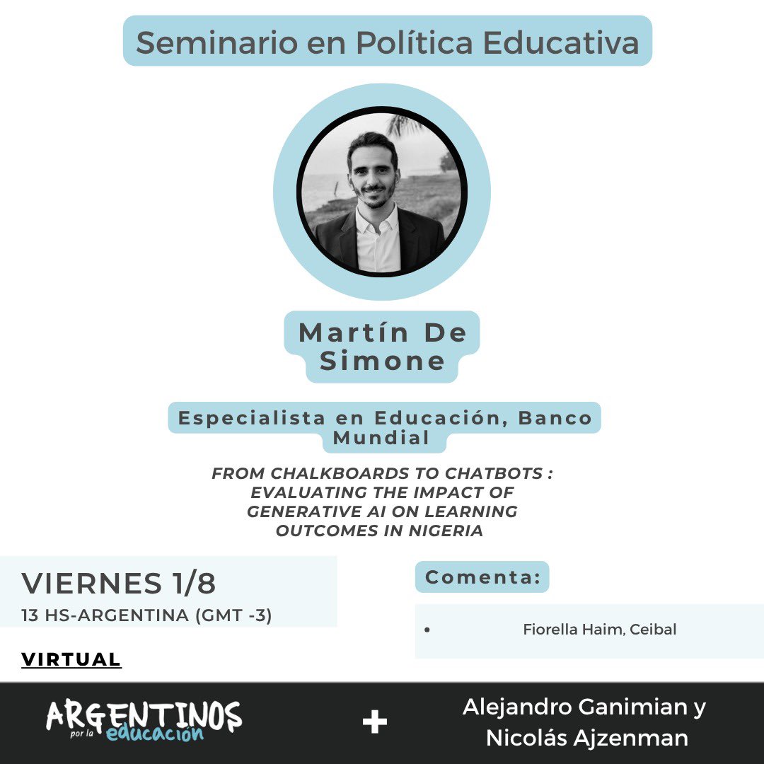 Mañana 13hrs <a href="/desimonemartin/">Martín E. De Simone</a> presenta su gran trabajo openknowledge.worldbank.org/entities/publi… en el seminario de política educativa. 

Comentarios de <a href="/FiorellaHaim/">Fiorella Haim</a> 

Se pueden sumar acá: nyu.zoom.us/j/7211377485?_…

<a href="/ArgxEdu/">Argentinos por la Educación</a> <a href="/Nicolas_Ajz/">Nico Ajzenman</a>  #AleGanimian