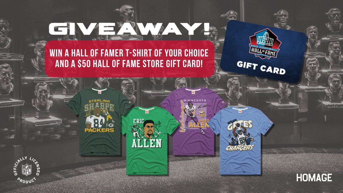 Pro Football Hall of Fame (@profootballhof) on Twitter photo 🚨GIVEAWAY🚨
Which team will win tonight’s Hall of Fame Game, the <a href="/Lions/">Detroit Lions</a> or @Chargers?
1️⃣ RT
2️⃣ Reply with the answer
TWO lucky winners will win a Hall of Famer T-shirt of their choice and a $50 Hall of Fame Store gift card, courtesy of @Homage.
Ts & Cs: 🚨GIVEAWAY🚨
Which team will win tonight’s Hall of Fame Game, the <a href="/Lions/">Detroit Lions</a> or @Chargers?
1️⃣ RT
2️⃣ Reply with the answer
TWO lucky winners will win a Hall of Famer T-shirt of their choice and a $50 Hall of Fame Store gift card, courtesy of @Homage.
Ts & Cs: