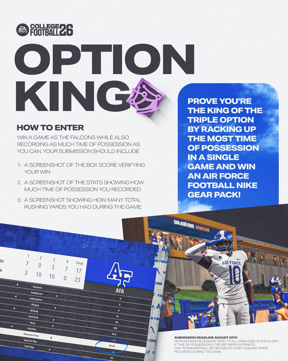 𝘼𝙍𝙀 𝙔𝙊𝙐 𝙏𝙃𝙀 𝙊𝙋𝙏𝙄𝙊𝙉 𝙆𝙄𝙉𝙂?

Earn the title of Option King by racking up as much time of possession as you can in a single game while playing as the Falcons! ⚡️

Use the form to view all of the rules and make your submission ➡️ forms.gle/fgEgPnPKwb2tke…