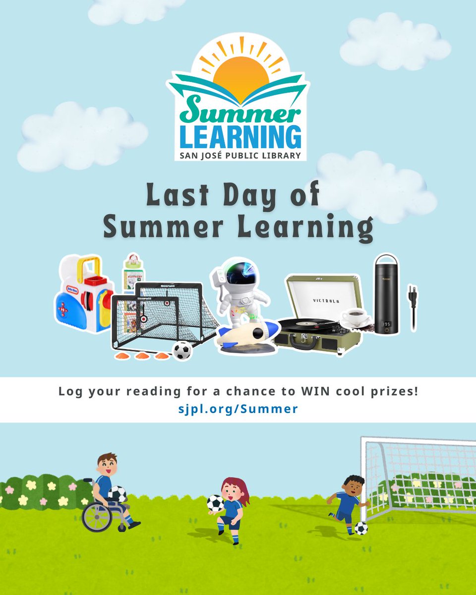 Today is the last day to log your reading for #SummerLearning for a chance to WIN a grand prize.

sjpl.org/Summer

#SJPL