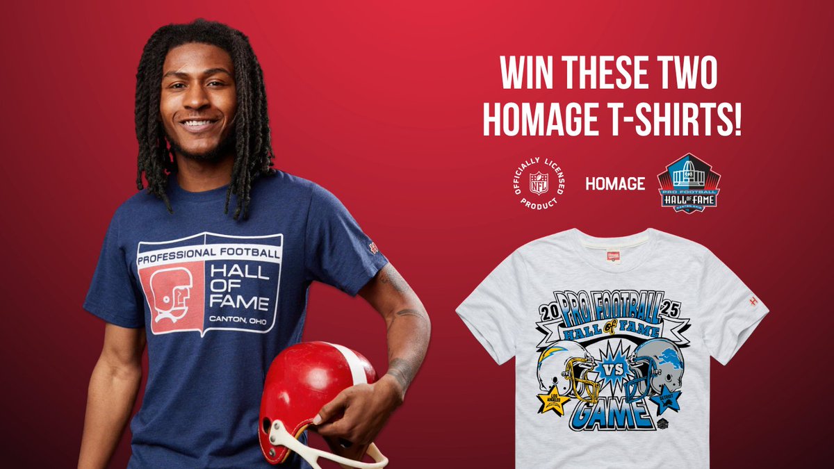 Pro Football Hall of Fame (@profootballhof) on Twitter photo π¨CONTESTπ¨
Which team will score the first touchdown in tonight's Hall of Fame Game, the <a href="/Lions/">Detroit Lions</a> or <a href="/chargers/">Los Angeles Chargers</a>?
1. RT
2. Reply with the answerπ
One person who answers correctly will win these TWO Hall of Fame T-shirts, courtesy of @Homage.
Ts & Cs: profootballhof.me/47c5Asj π¨CONTESTπ¨
Which team will score the first touchdown in tonight's Hall of Fame Game, the <a href="/Lions/">Detroit Lions</a> or <a href="/chargers/">Los Angeles Chargers</a>?
1. RT
2. Reply with the answerπ
One person who answers correctly will win these TWO Hall of Fame T-shirts, courtesy of @Homage.
Ts & Cs: profootballhof.me/47c5Asj