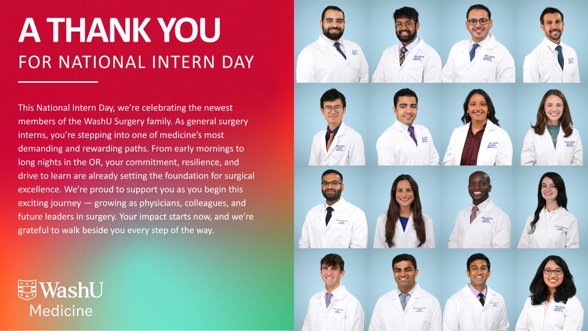 General Surgery Residency at WashU Medicine (@washusurgres) on Twitter photo Happy #NationalInternDay to our general surgery interns! From first assists to first call, you're stepping into the world of surgery with grit, growth, and great teamwork. We’re proud to support your journey from day one.
#WashUSurgery #GeneralSurgery #ResidencyLife Happy #NationalInternDay to our general surgery interns! From first assists to first call, you're stepping into the world of surgery with grit, growth, and great teamwork. We’re proud to support your journey from day one.
#WashUSurgery #GeneralSurgery #ResidencyLife