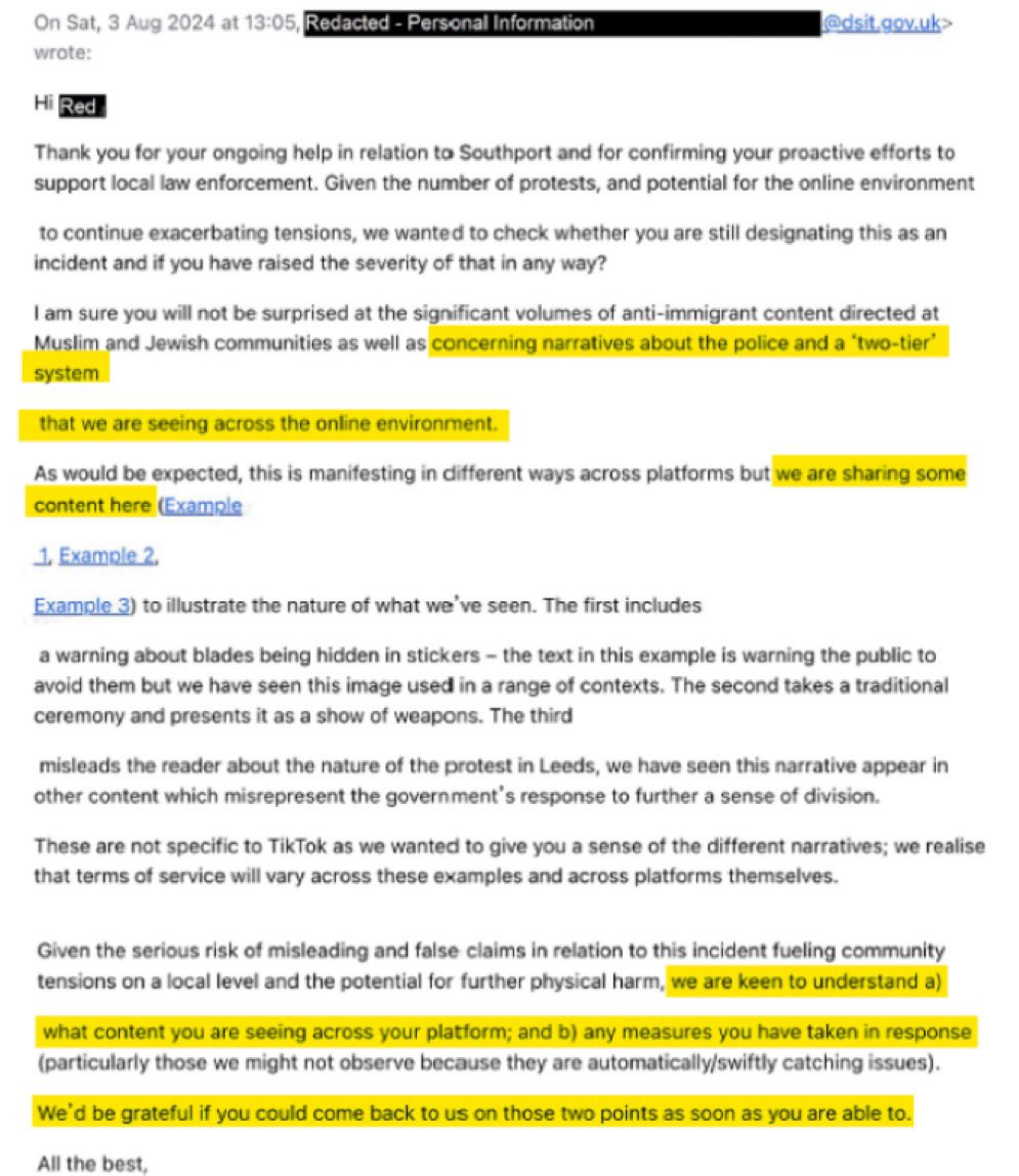 If this email is real, every British person should be seriously alarmed. 

It appears to show the government pressuring a firm over “two-tier policing”, which would be politicised censorship in action.

With the Online Safety Act, the state now wields digital nuclear weapons.