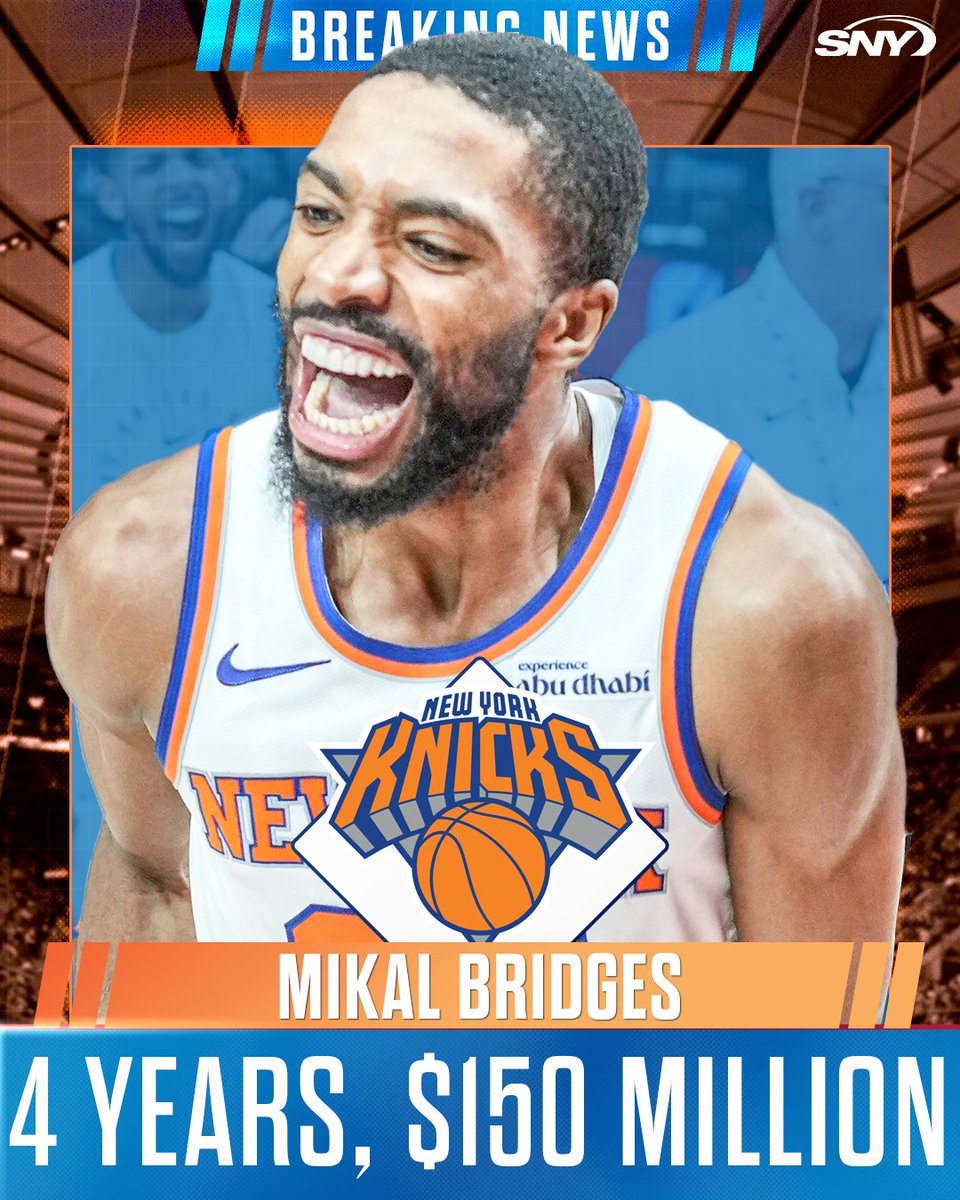 sny_knicks's tweet photo. The Knicks have agreed to a four-year, $150M extension with Mikal Bridges, @IanBegley confirms

Bridges' deal at less than the max extension he was eligible for gives the Knicks more financial flexibility moving forward https://t.co/iQS1Z33AXC