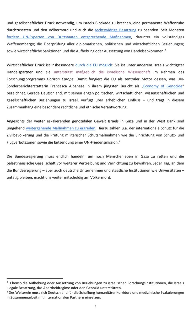 Und zuletzt ich zur Rolle der EU und Deutschlands und der Notwendigkeit, u.a. wirtschaftlichen Druck auszuüben (EU-Israel Assoziierungsabkommen, Horizon Europe, etc.), um Israels Blockade zu brechen und den Völkermord und die rechtswidrige Besatzung zu stoppen.