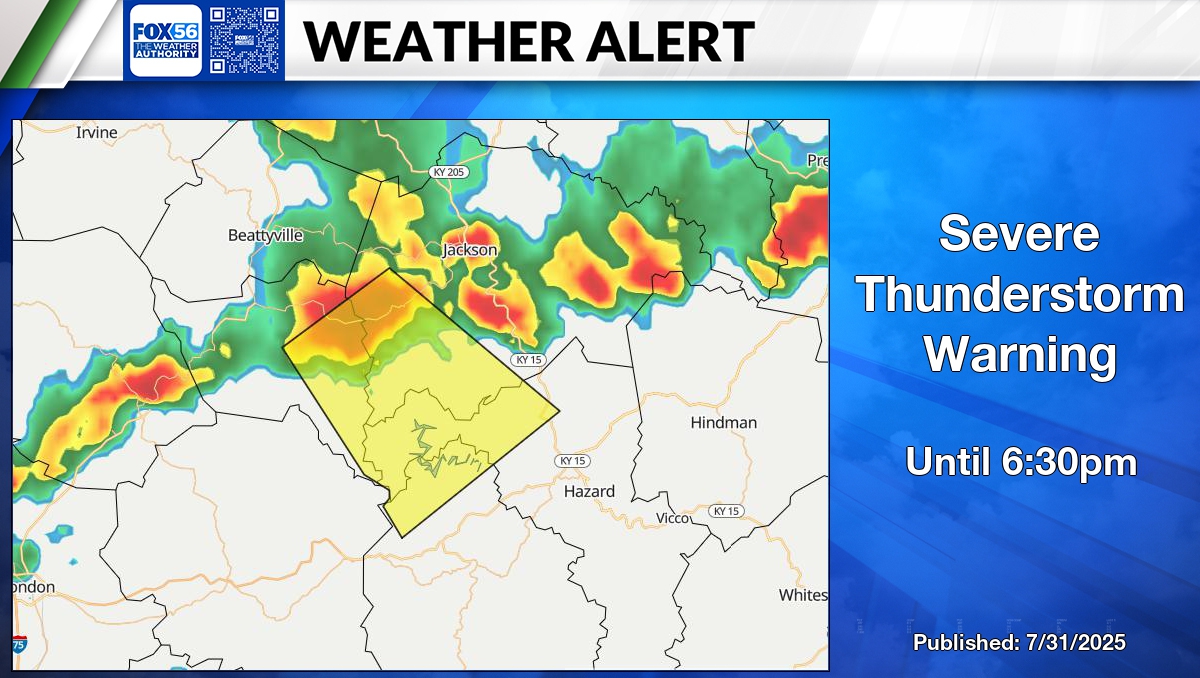 Severe Thunderstorm Warning for Breathitt, Leslie, and Perry County until 6:30pm. fox56news.com/weatheralerts #KYWX