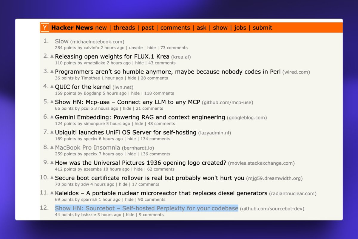 msukkarieh1's tweet image. We just hit the front page of HN again with our recent Ask Sourcebot release! Be sure to check out the post there for a more detailed breakdown of the launch