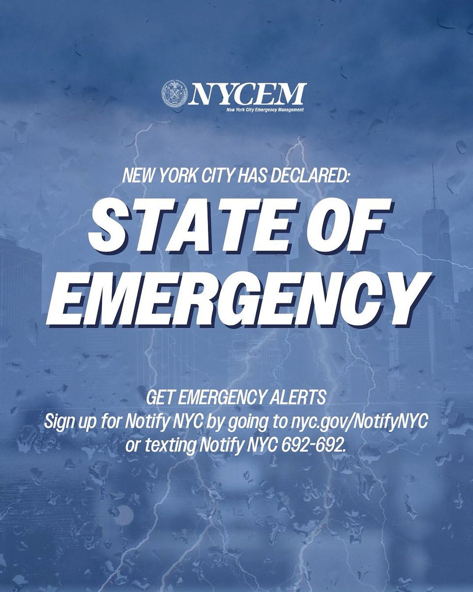 NYC is under a state of emergency due to ongoing storms. Rain will continue until tomorrow morning.

Stay where you are if you can, and let our crews do their work to clear roads.

If you live in a basement apartment, move to safety now.

Call 911 if you need help.
