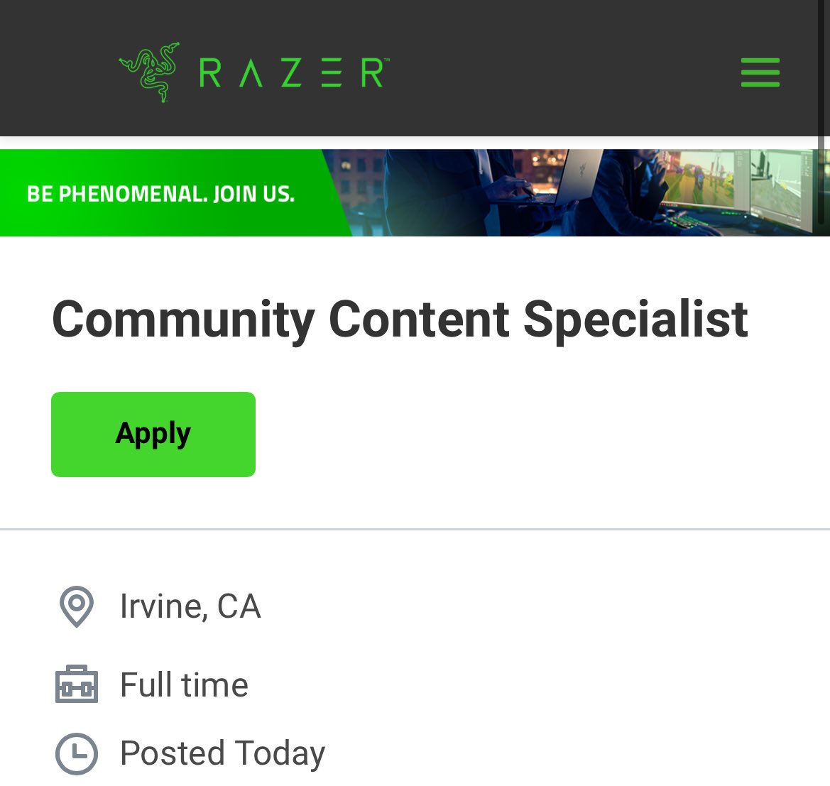 C9 porti (@portilho) on Twitter photo We are hiring a Shortform Content Specialist for Global Community at <a href="/Razer/">R Ξ Z Ξ R</a>!
Come join the team π
razer.wd3.myworkdayjobs.com/en-US/Careers/β¦ We are hiring a Shortform Content Specialist for Global Community at <a href="/Razer/">R Ξ Z Ξ R</a>!
Come join the team π
razer.wd3.myworkdayjobs.com/en-US/Careers/β¦