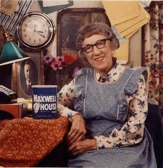 Margaret Hamilton the wicked witch from the Wizard of Oz in a coffee ad, 1977