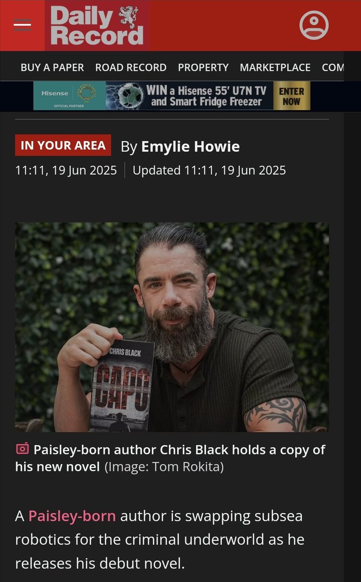 Paisley Express ➝ Daily Record.
From a local story to a national paper. 

Thank you Emylie Howie and everyone backing Capo — my gallus wee crime novel packed with swagger and chaos.

Out now: paperback, Kindle, on Amazon. Special and signed editions at blackartsdevelopment.com