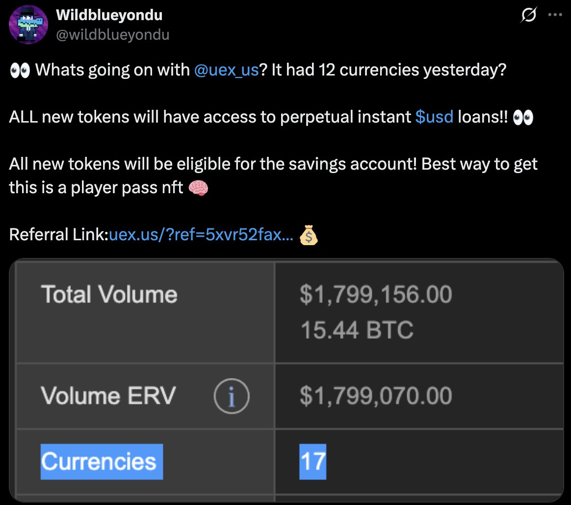 UEX is a CEX built by <a href="/CryptoCrocsClub/">Crocs Club</a>

<a href="/uex_us/">UEX.US</a> is only 8 mths old, yet it has already distributed $197,000 $USD to $net holders🤯

YET No-one is talking about this! UEX is one of the most successful projects on Cardano &amp; soon to be multichain👀

Referral👉uex.us/?ref=5xvr52fax…