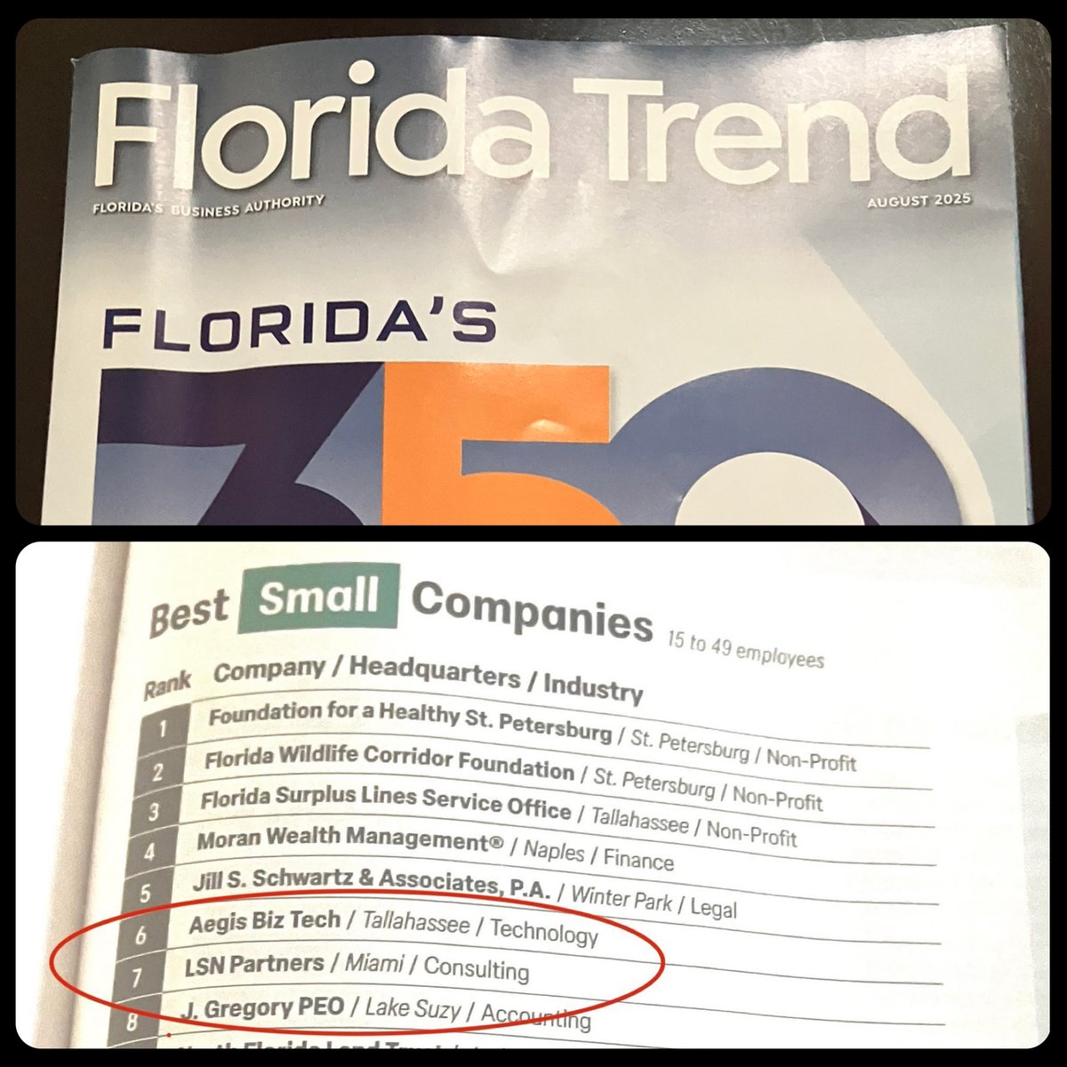 Thank you, <a href="/FloridaTrend/">Florida Trend</a>, for naming <a href="/LSNPartnersLLC/">LSN Partners</a>  one of the Best Small Companies 🎉 👏 We take great pride in the work we do &amp; the collaborative culture we have built. We are honored to be recognized by an external organization.
Thank you for this very special honor 🏆