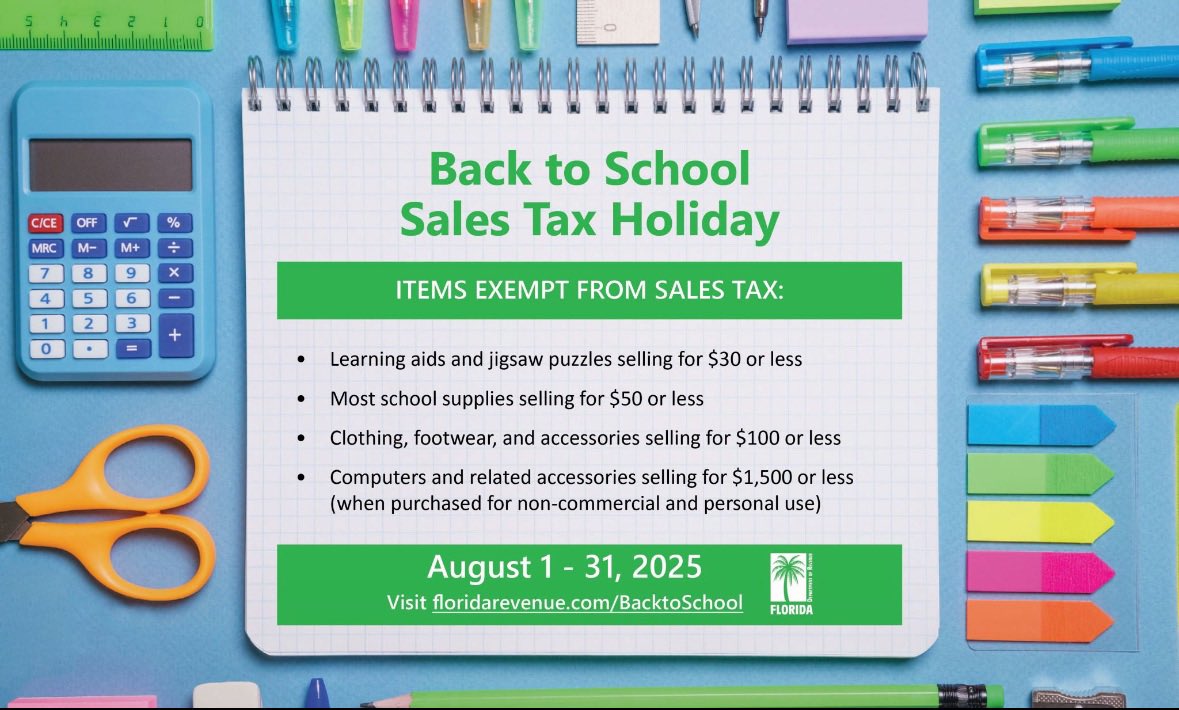 The time is here to save on school supplies! The Back-to-School sales tax holiday starts tomorrow, (Aug 1) and runs through the month. Check here to see a list of qualifying items that are tax free: floridarevenue.com/backtoschool